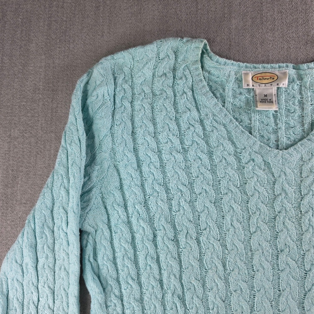 Talbots Sweater Womens Medium Petites Light Blue Cable Knit V-Neck Cotton Blend - Picture 8 of 16